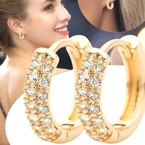 Gold Huggie Hoop Earring with Pavé Stones.